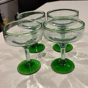4 Hand Blown Mexican Margarita Glass With a Green Rim and Green Base